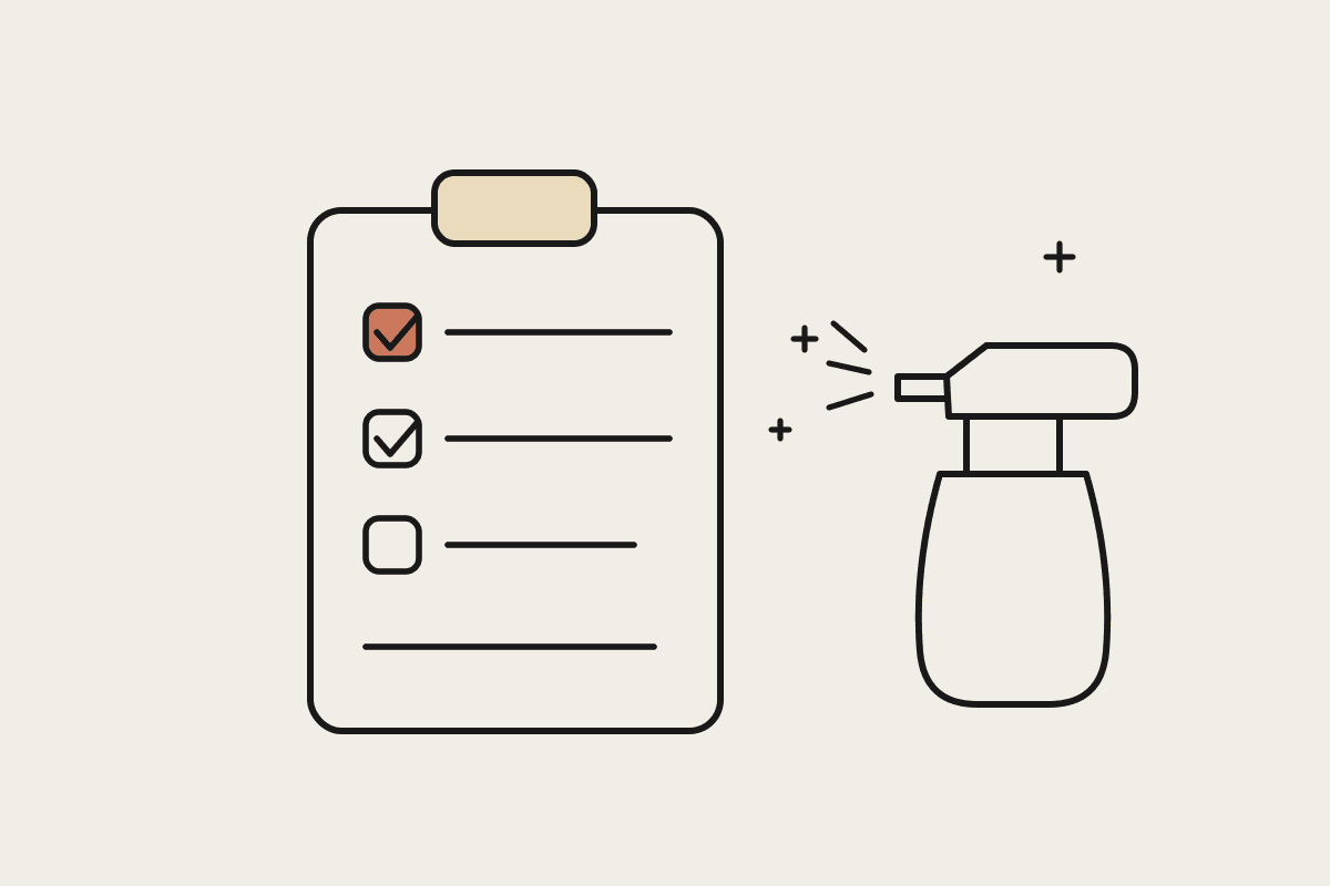Hand-drawn notebook illustration of a cleaning quality checklist on a clipboard beside a spray bottle