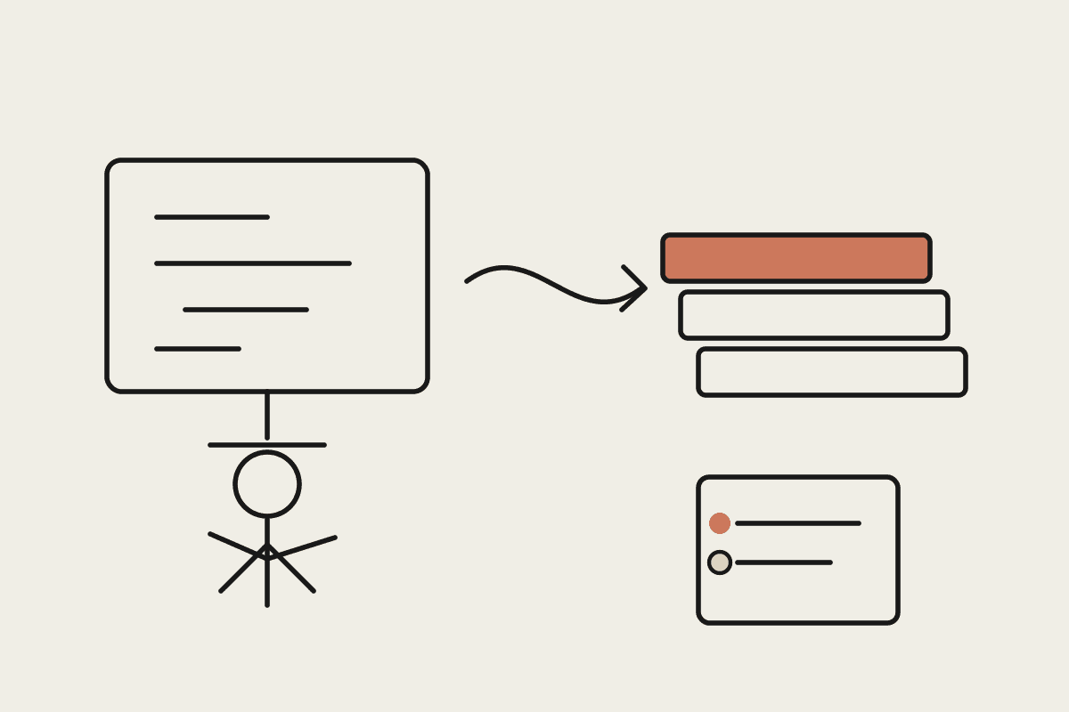 Hand-drawn notebook illustration of a monitor of code feeding into a stack of specification documents, one highlighted in terracotta