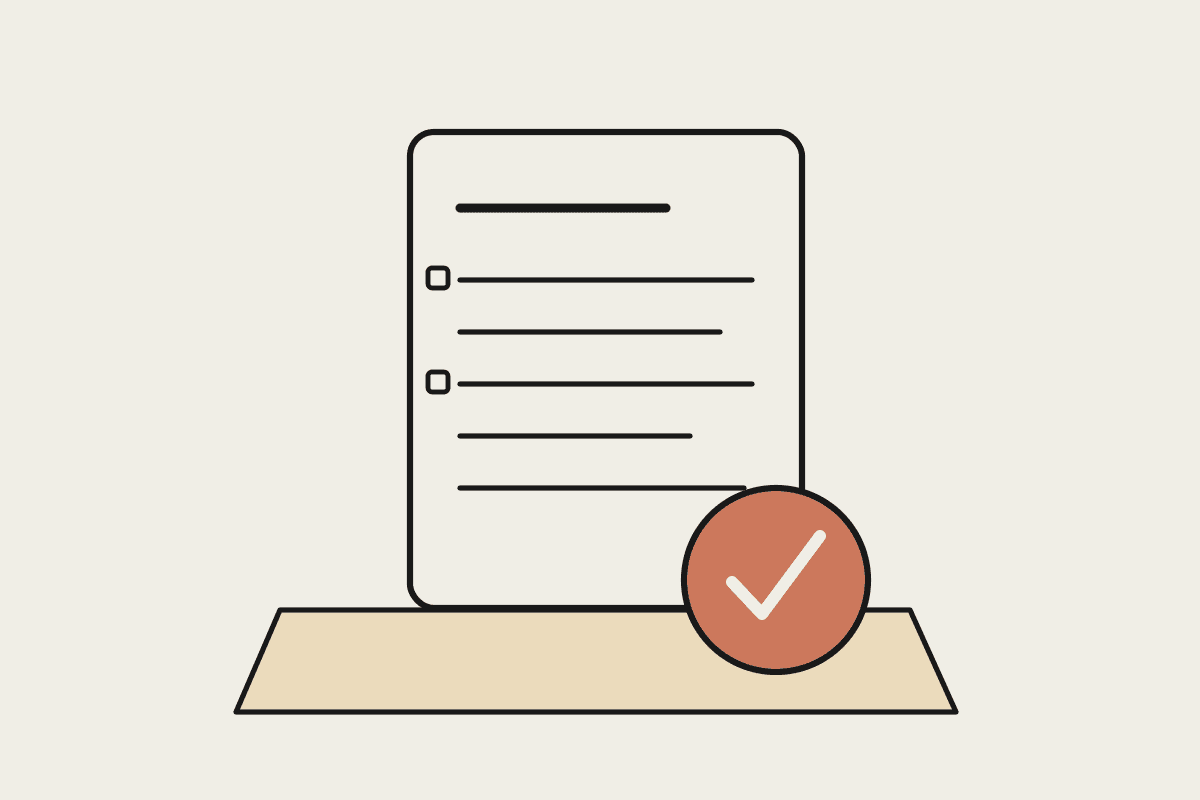 Hand-drawn notebook illustration of a tax return document in a tray with a terracotta approval stamp, on a cream background.