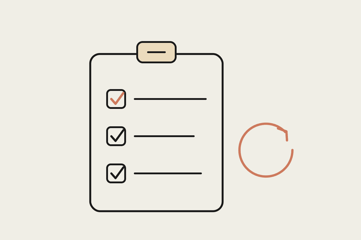 Hand-drawn notebook illustration of a ticked job-card checklist beside an automation loop arrow, in terracotta and ink