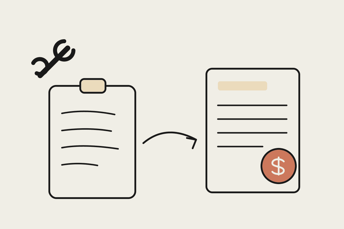Hand-drawn notebook illustration of job notes flowing into an invoice with a terracotta dollar coin