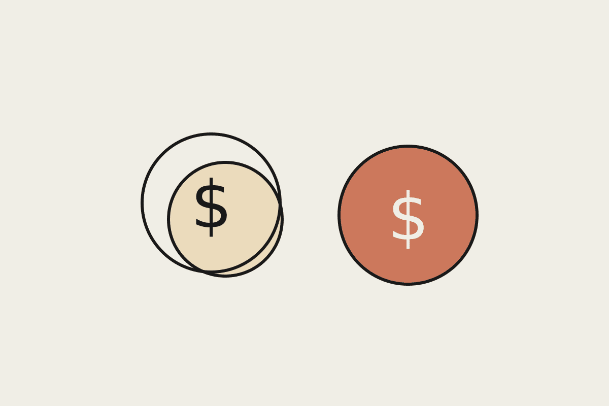 Hand-drawn pair of coins, an ink-outline coin beside a solid terracotta coin, each marked with a dollar sign.