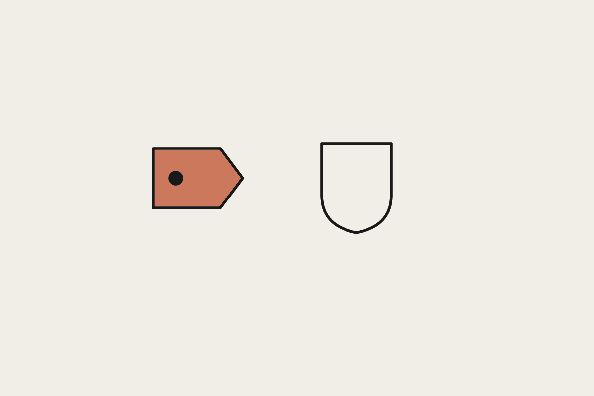 Hand-drawn price tag beside a shield, illustrating reliability-adjusted AI cost