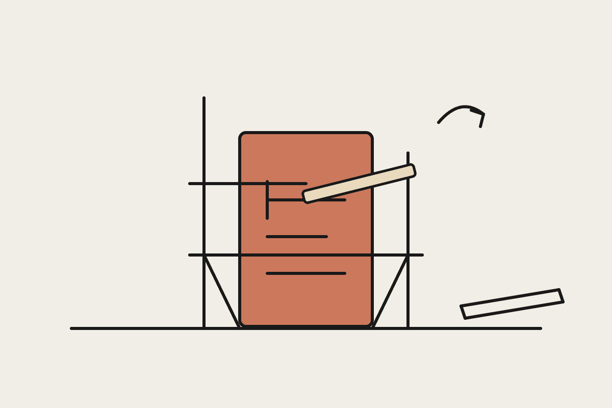 Hand-drawn scaffold around a Claude Code build with one plank removed and set aside