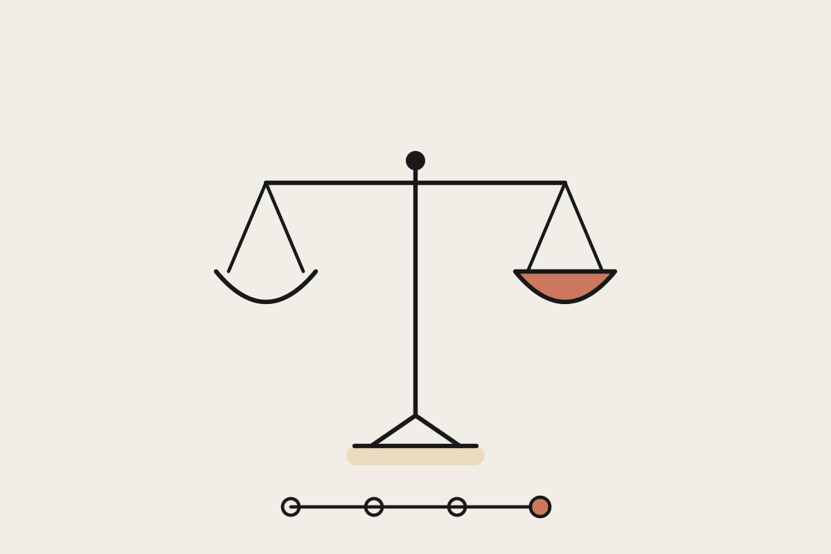 Hand-drawn scales of justice with one balance pan in terracotta, above a four-point timeline, illustrating a phased AI adoption plan for a law firm.