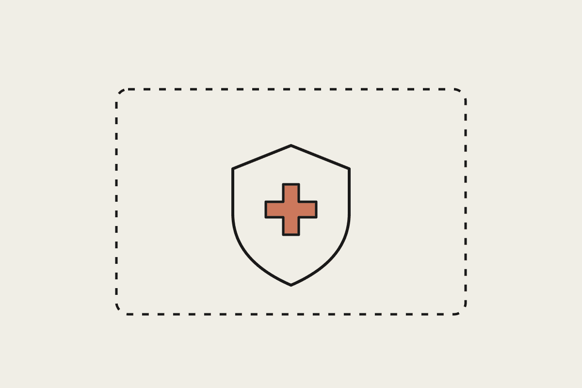 Hand-drawn shield with a terracotta medical cross inside a dashed boundary box.