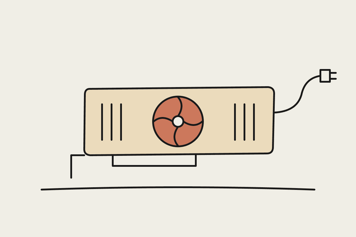 Hand-drawn single GPU card with one terracotta fan and a power lead, showing a model deployed on one card