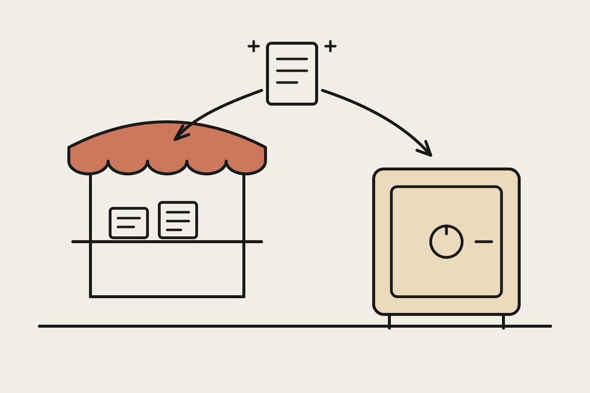 Hand-drawn sketch of a document deciding between a public market stall and a locked safe