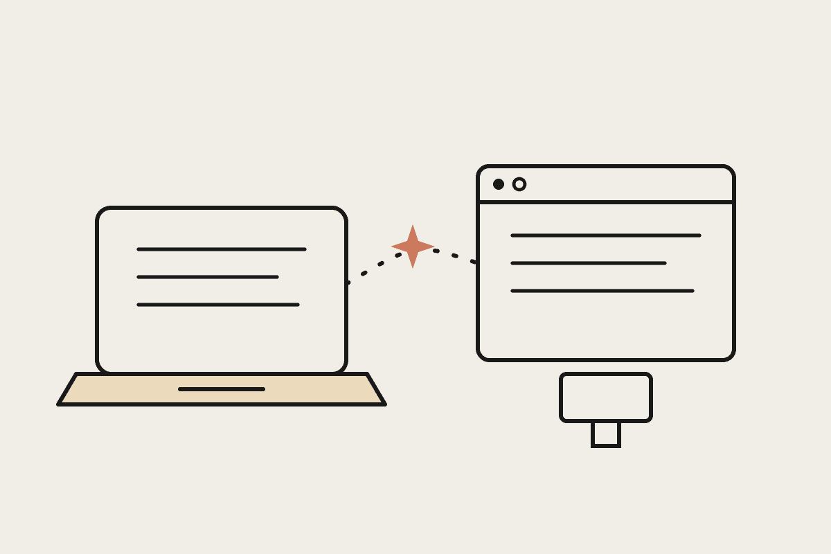 Hand-drawn sketch of a MacBook and a Windows desktop window linked by a dotted line with a terracotta spark between them