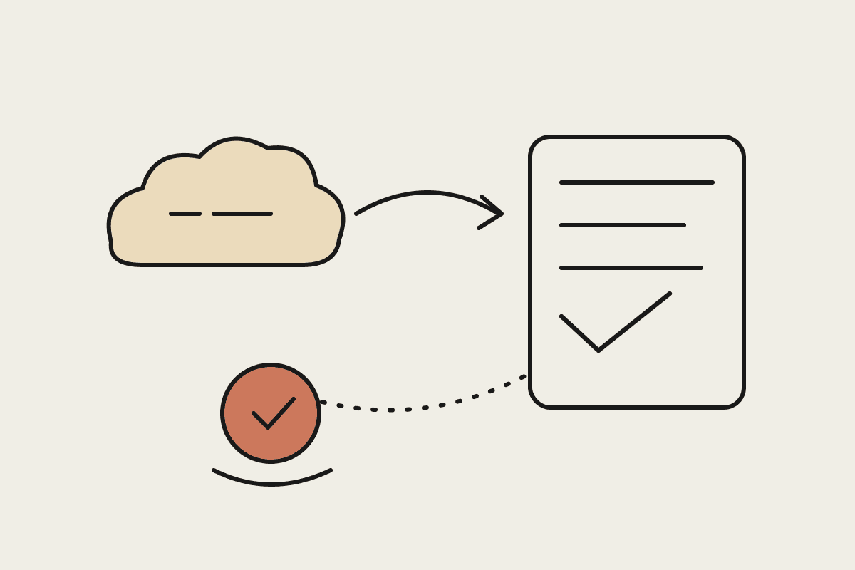 Hand-drawn sketch of CRM data flowing to a Claude checklist, with a terracotta approval tick