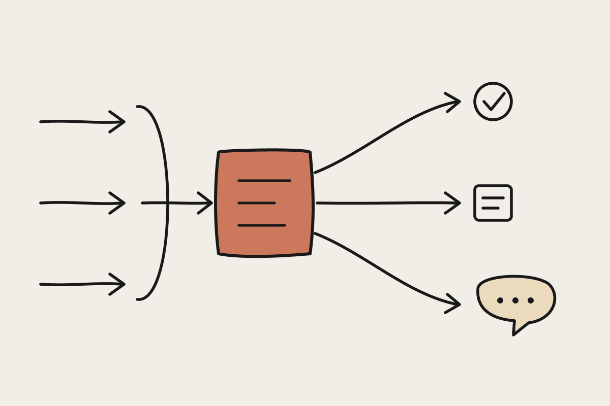 Hand-drawn sketch of items flowing into a terracotta sorting box that sends them to approve, review, or a Claude speech bubble