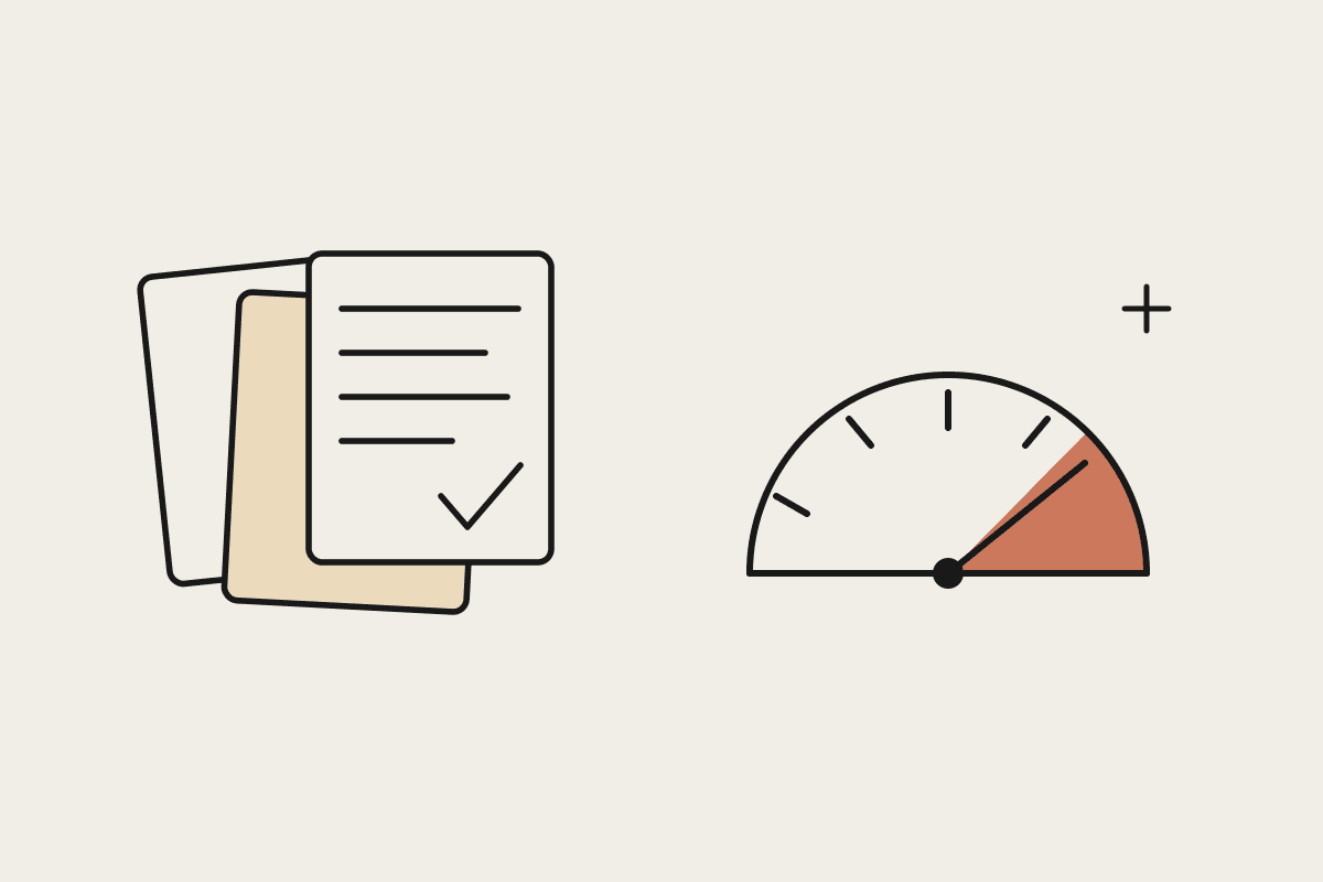Hand-drawn sketch of skill documents with a tick beside a test gauge whose needle sits in a terracotta pass zone