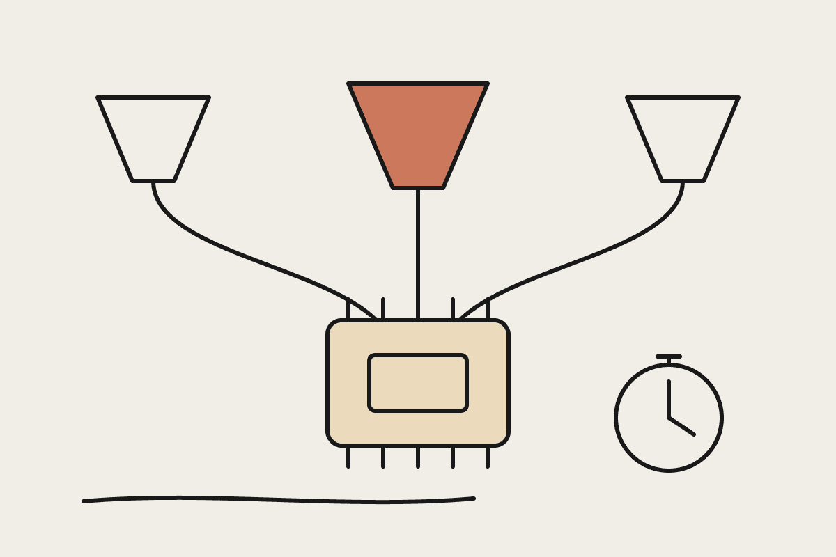 Hand-drawn sketch of three funnels feeding one GPU chip, the middle funnel highlighted, beside a stopwatch