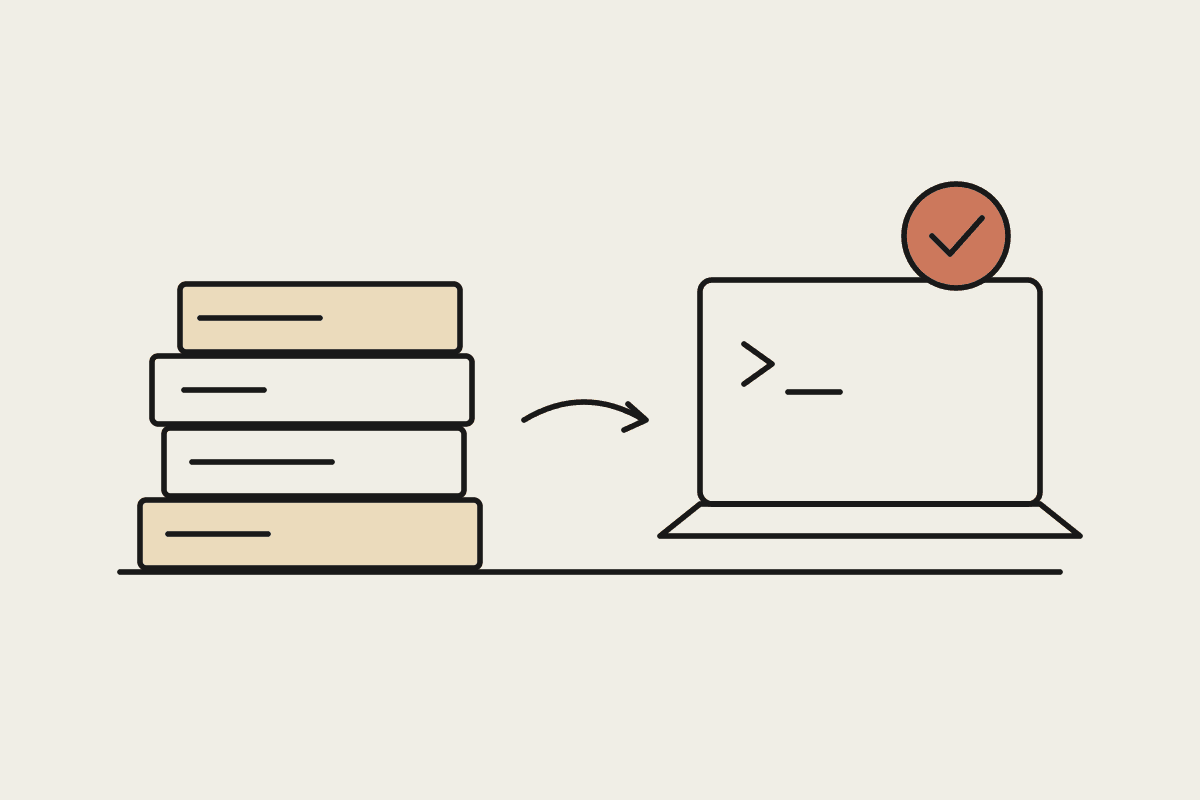 Hand-drawn stack of course books beside a laptop running Claude Code with a tick