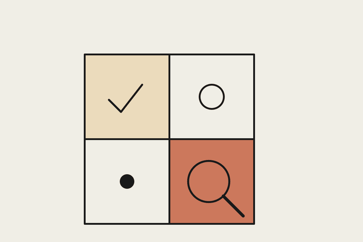 Hand-drawn two-by-two matrix of knowns and unknowns with a magnifying glass examining the unknown-unknowns quadrant
