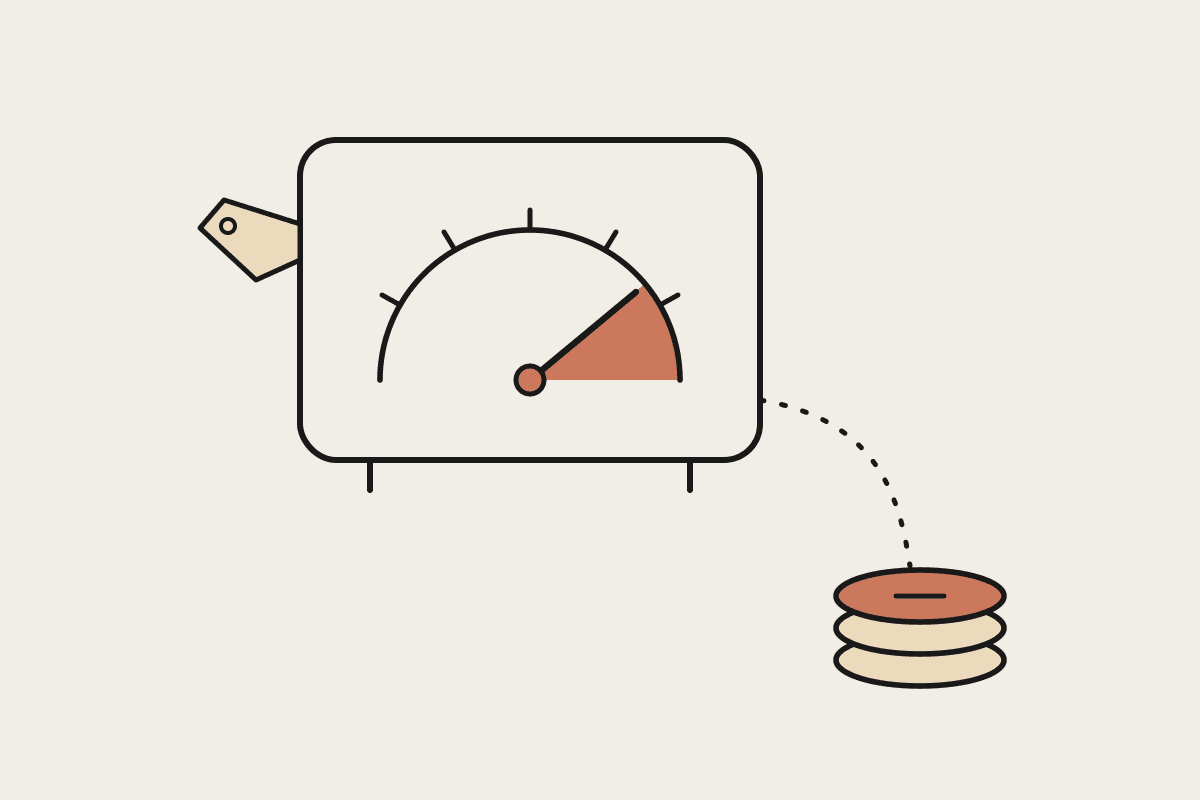 Hand-drawn utility meter with a terracotta needle feeding a stack of coins