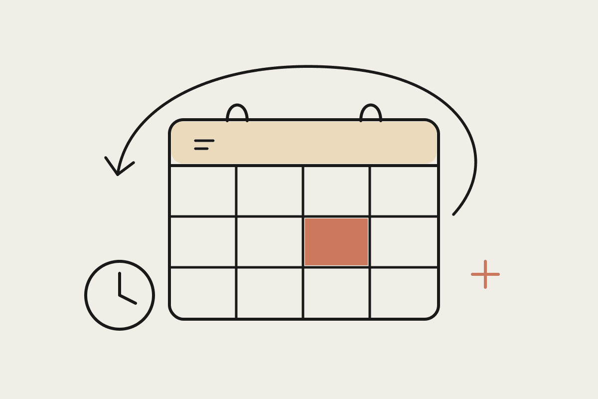 Hand-drawn weekly calendar with one day highlighted in terracotta, circled by a looping arrow beside a small clock