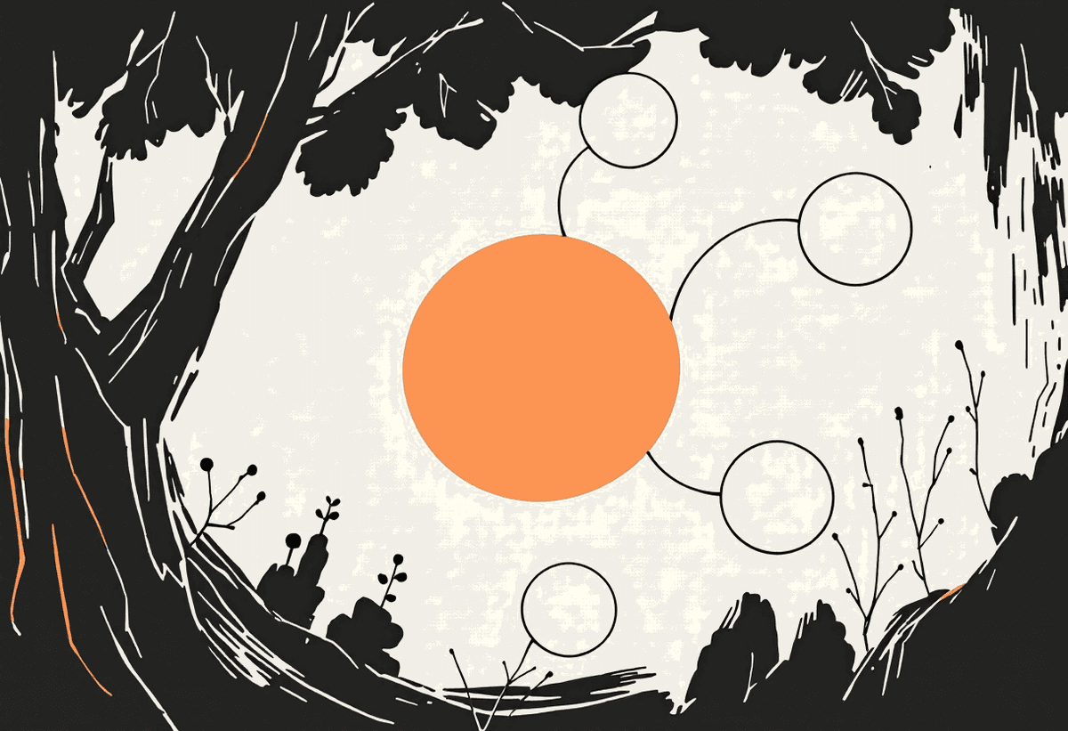 Hand-drawn illustration of one central node linked by three lines to three smaller circles