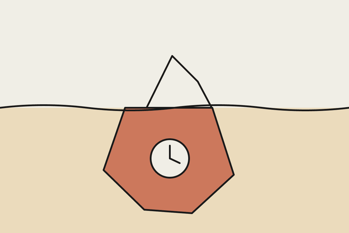 Iceberg with a small tip above the waterline and a large hidden mass below marked with a clock, representing hidden hours in an AI rollout.