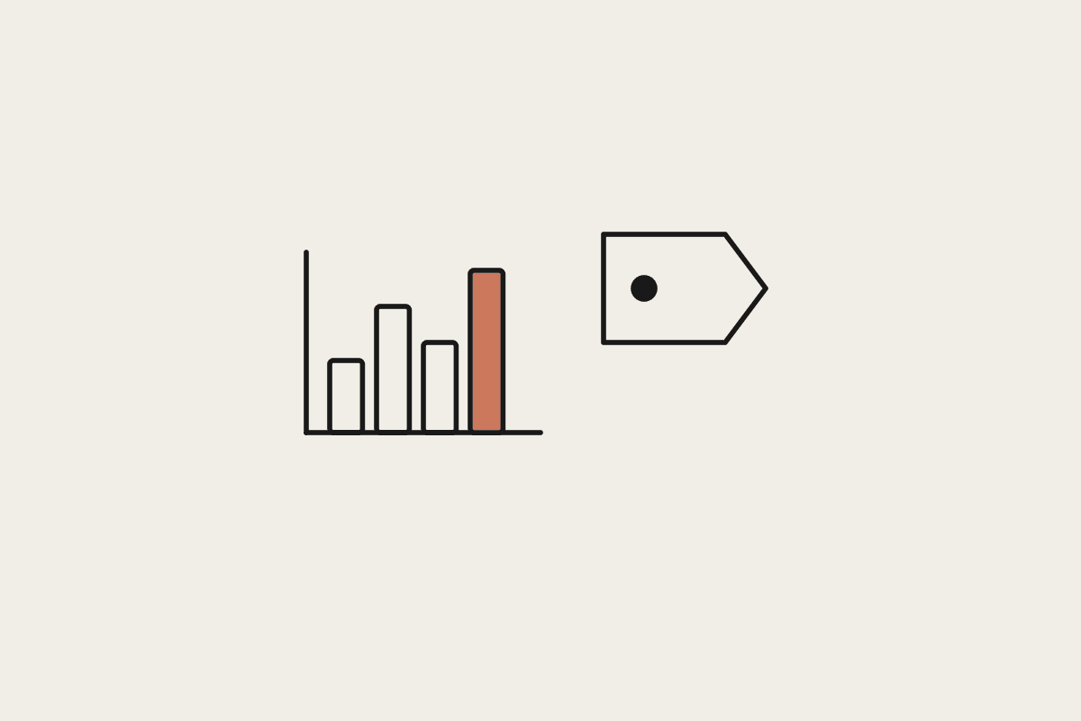 Illustration of a bar chart and a price tag representing the cost of small-business AI automation