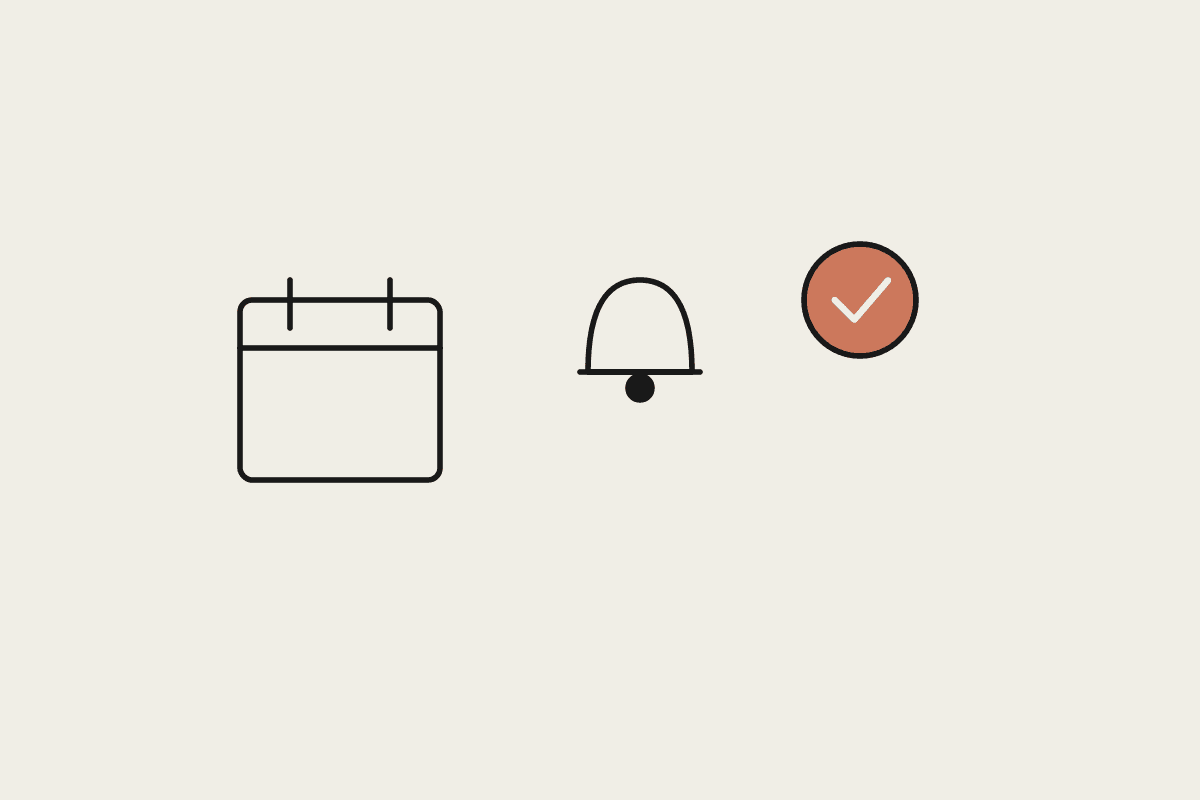 Illustration of a calendar, a bell, and an approval mark