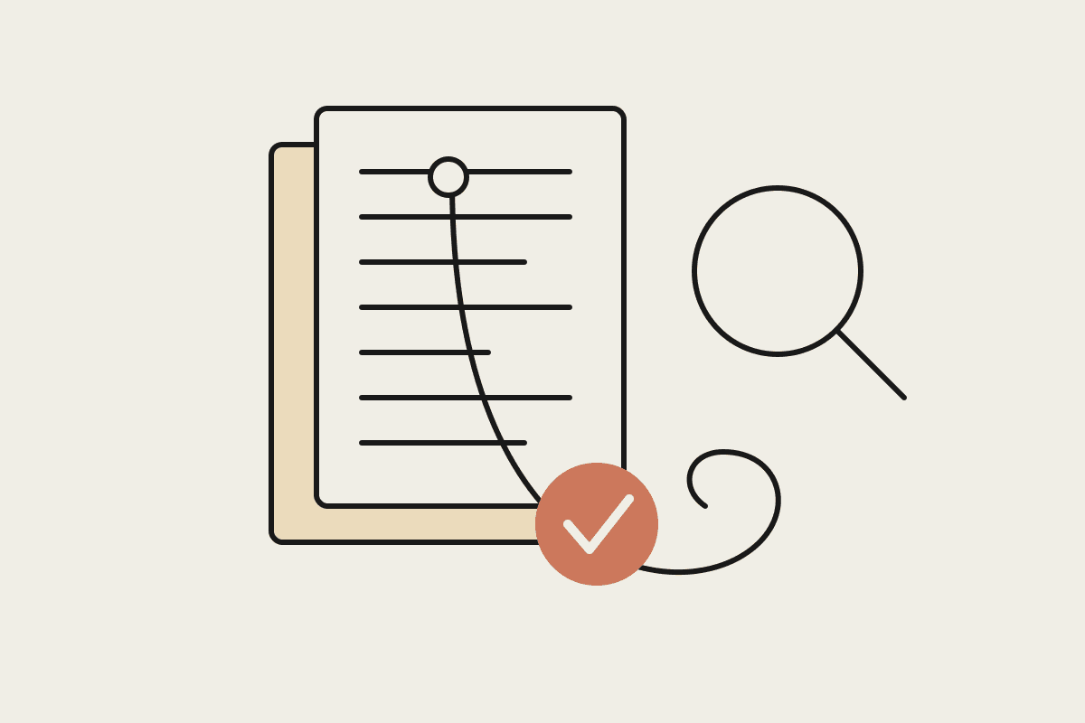 Illustration of a clinic policy folder with a magnifying glass and a terracotta accreditation checkmark