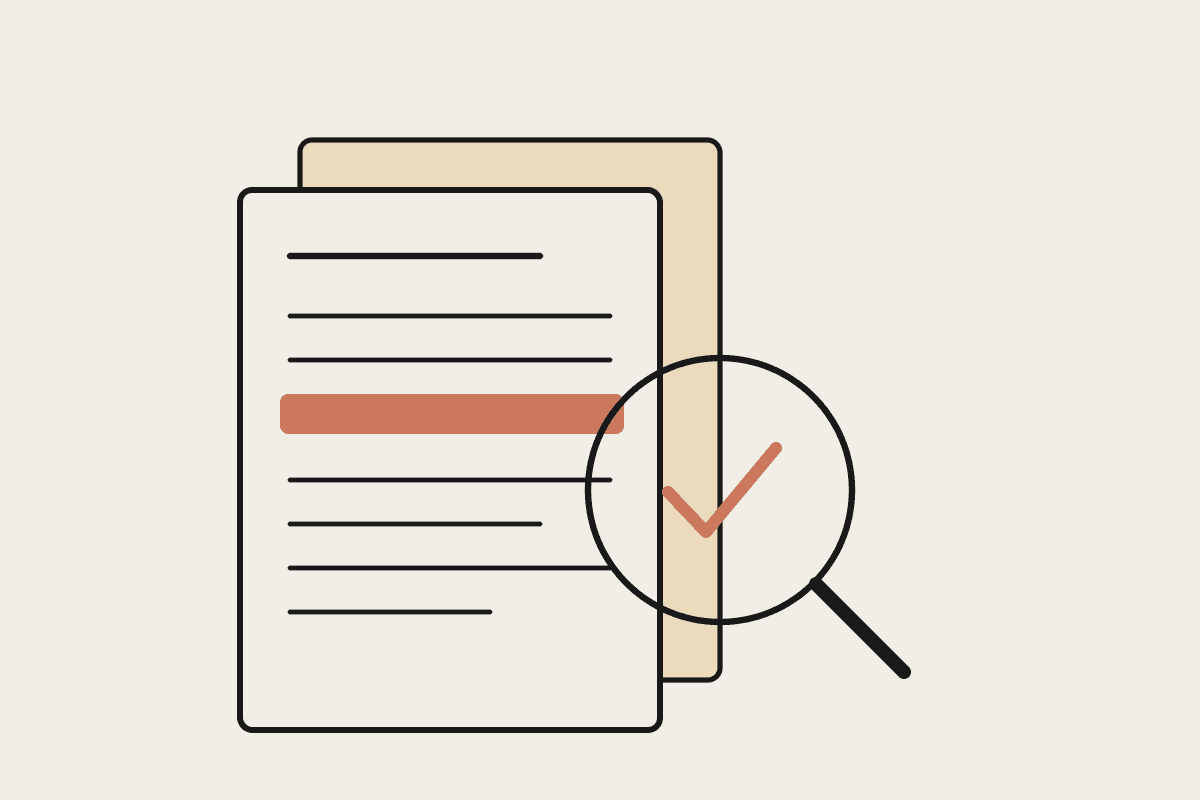 Illustration of a commercial lease document with a magnifying glass over a highlighted clause and a terracotta tick