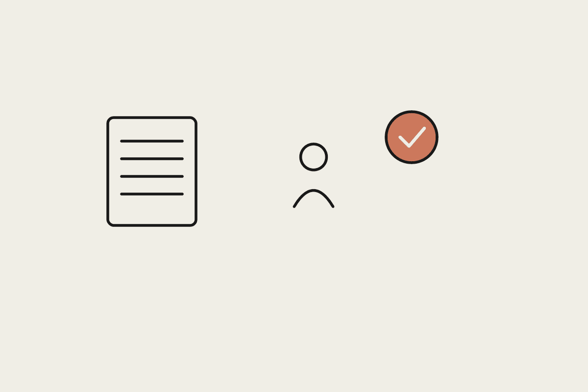 Illustration of a document, a person, and an approval mark