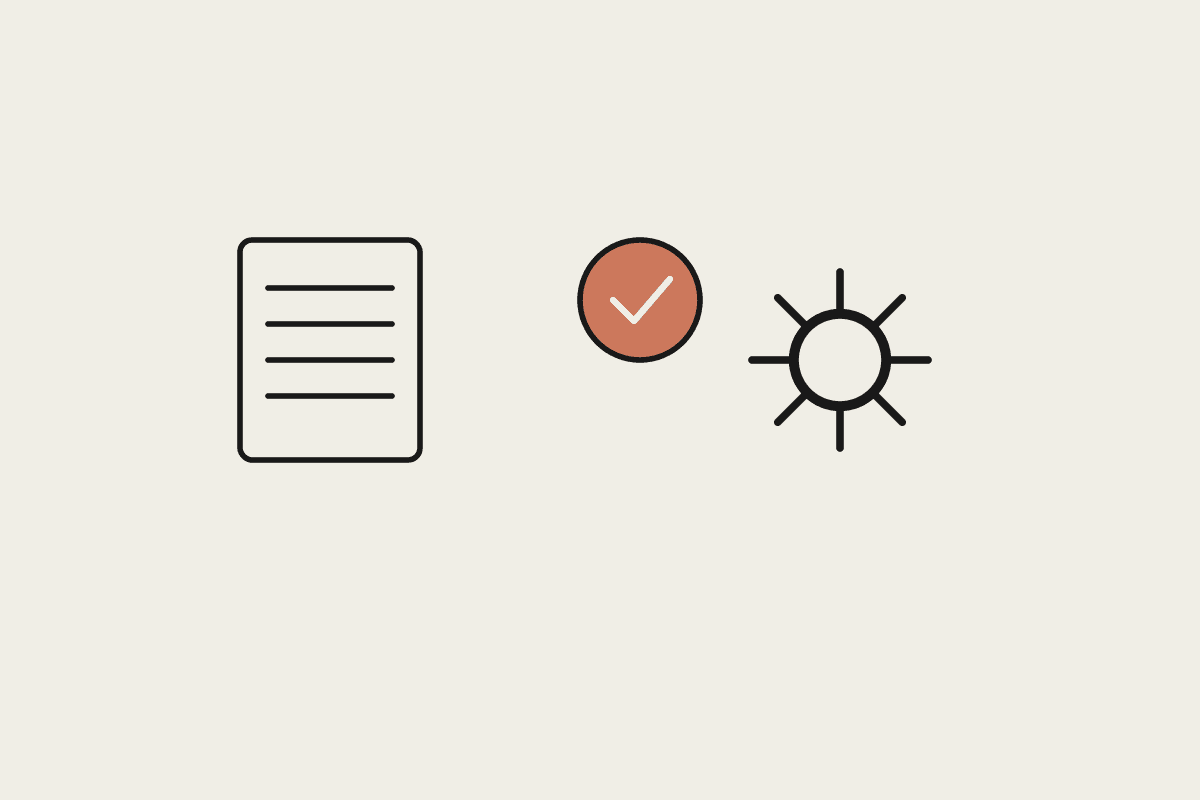 Illustration of a document, an approval mark, and a gear