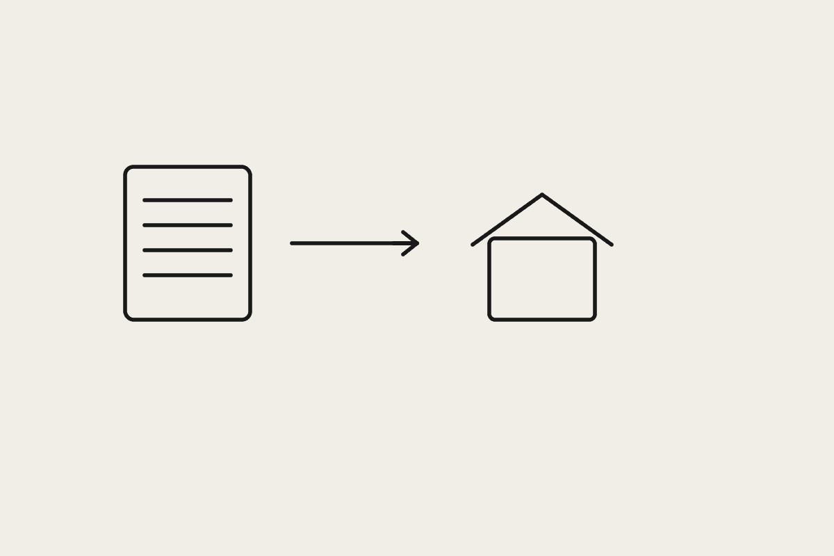 Illustration of a document, an arrow, and a simple house outline
