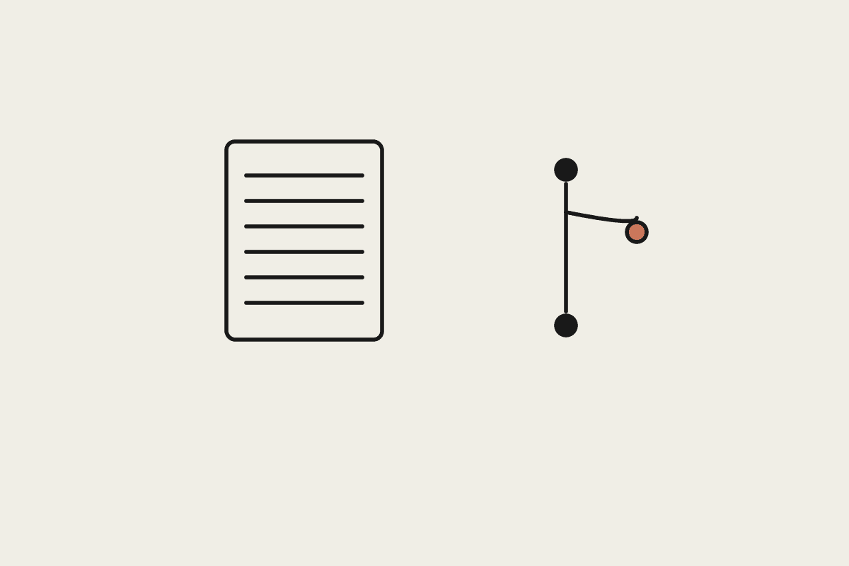 Illustration of a document and a branching path representing documentation tracking code changes