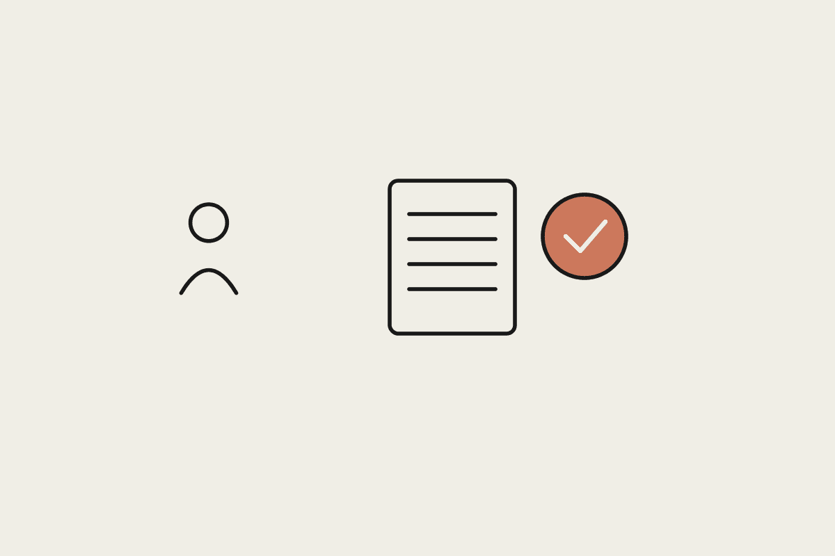 Illustration of a person, a document, and an approval mark