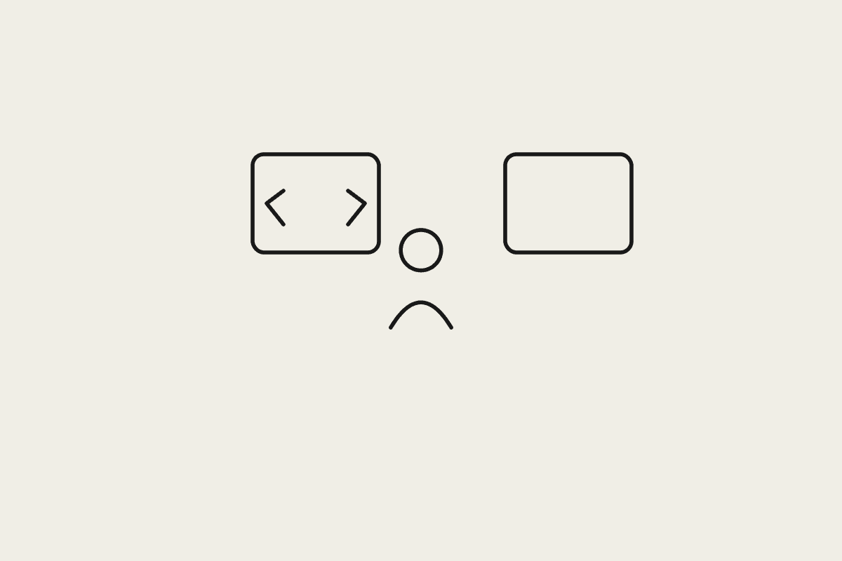 Illustration of a person with a code window and a second panel representing review support