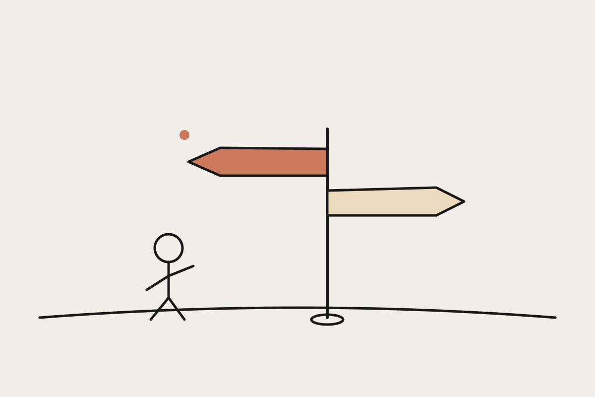 Illustration of a signpost with two paths, one highlighted in terracotta, and a figure choosing a direction