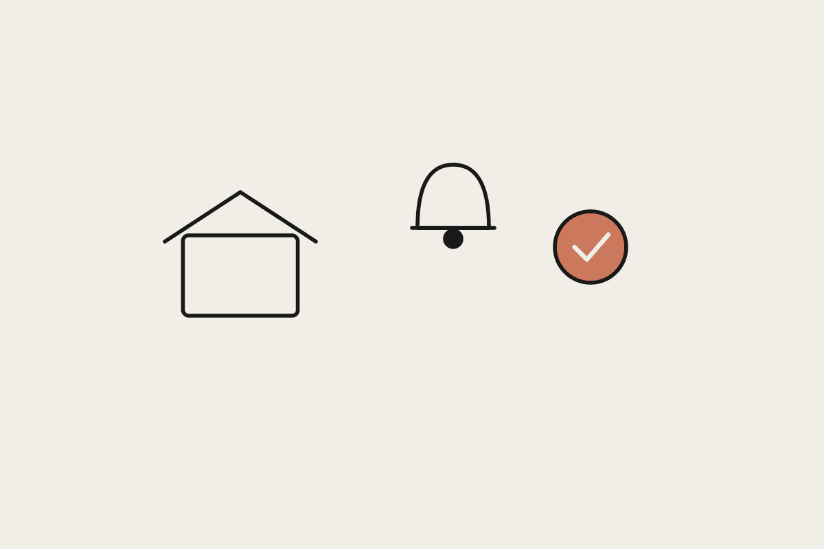 Illustration of a small building, a notification bell, and an approval mark