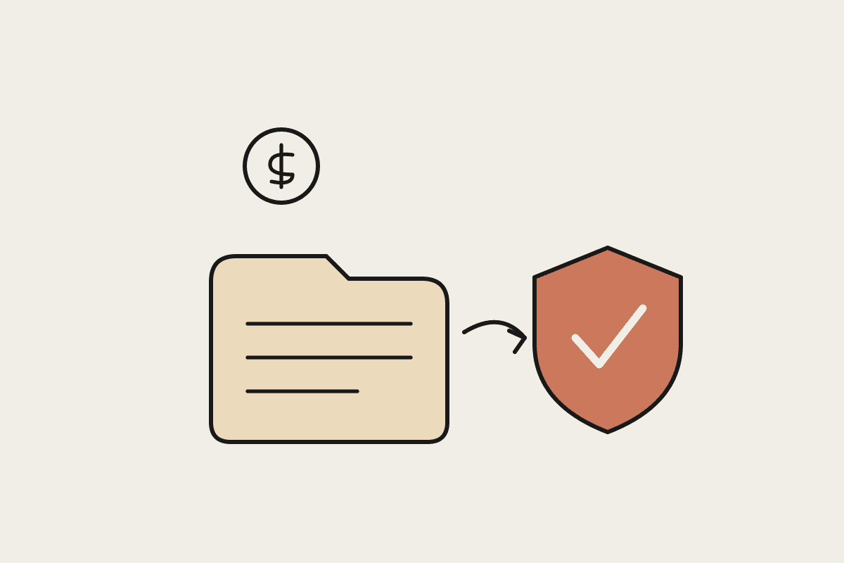 Illustration of a super fund file with ledger lines and a dollar coin, an arrow leading to a compliance shield with a tick