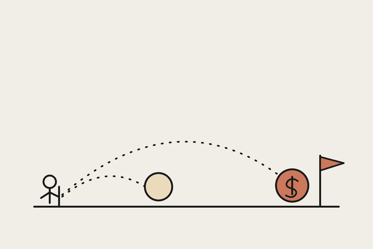 Illustration of two coins launched from one budget: a terracotta boutique coin rolling further past a flag while the big-firm coin stops short.