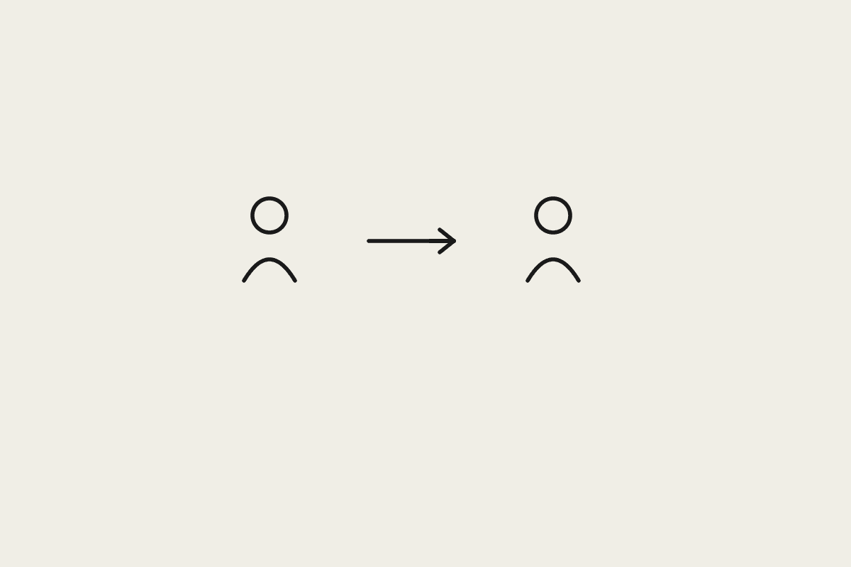 Illustration of two people and an arrow representing handing over an AI-automated workflow to a new employee