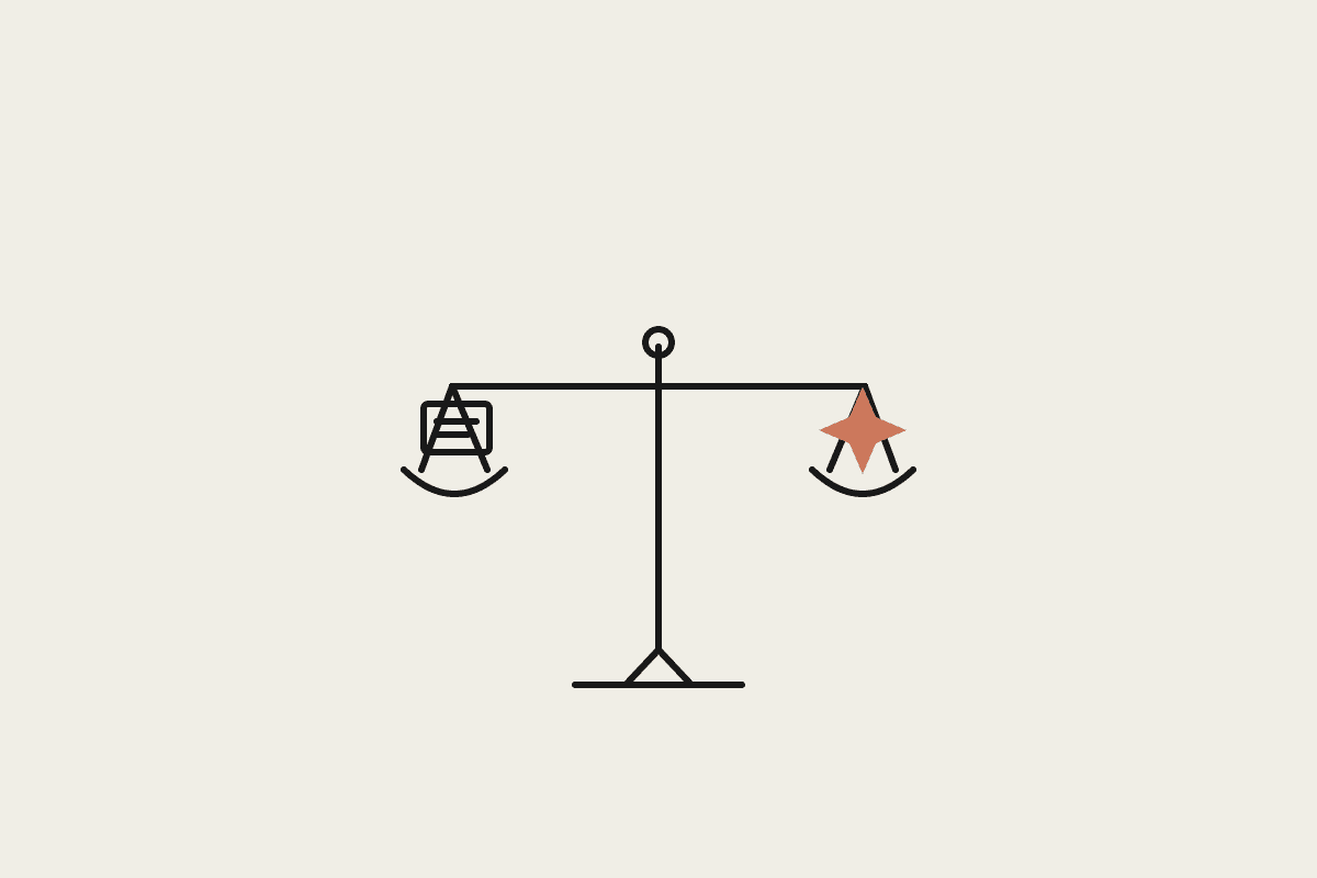 Ink illustration of a balance scale weighing a stack of legal matter papers against a terracotta AI spark on a cream background