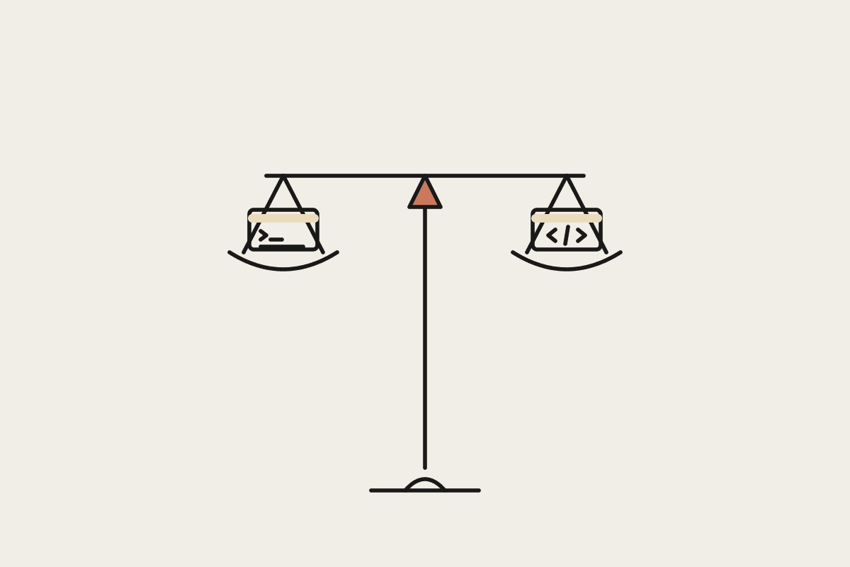 Ink illustration of a balance scale weighing a terminal window against a code-editor window, with a terracotta fulcrum