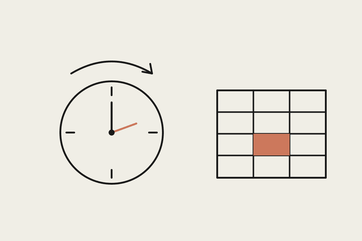 Ink illustration of a clock with a spring-forward arrow beside a roster grid, one cell marked in terracotta.
