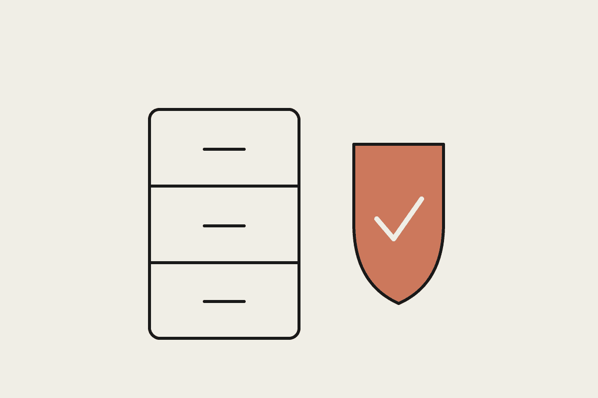 Ink illustration of a filing cabinet beside a terracotta shield with a tick, representing small business data security