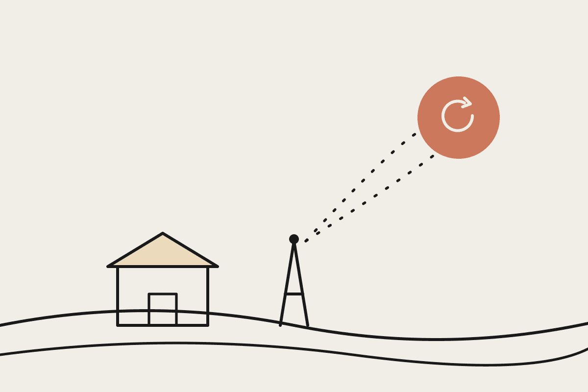 Ink illustration of a regional Australian shed and signal tower linked by dashed lines to a terracotta automation hub.