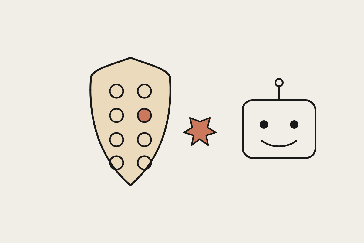 Ink illustration of a security shield with eight markers, one terracotta, beside a friendly robot showing where Claude fits