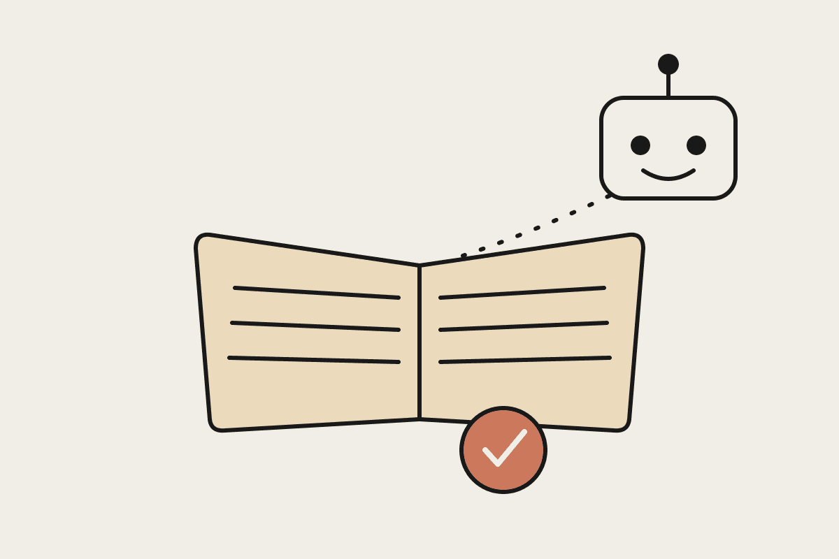 Ink illustration of an open ledger book with a friendly robot assistant reviewing it and a terracotta checkmark badge