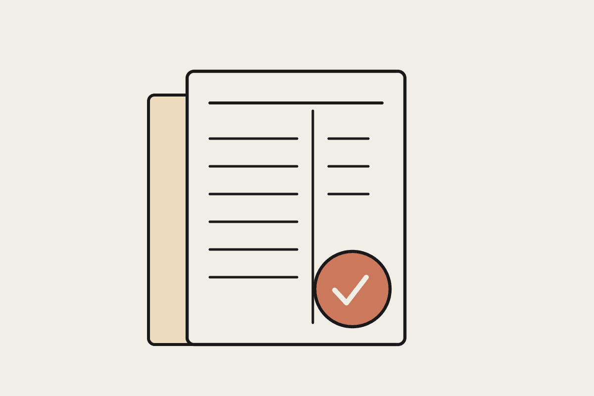Ink-style illustration of a bookkeeping ledger with a terracotta approved stamp
