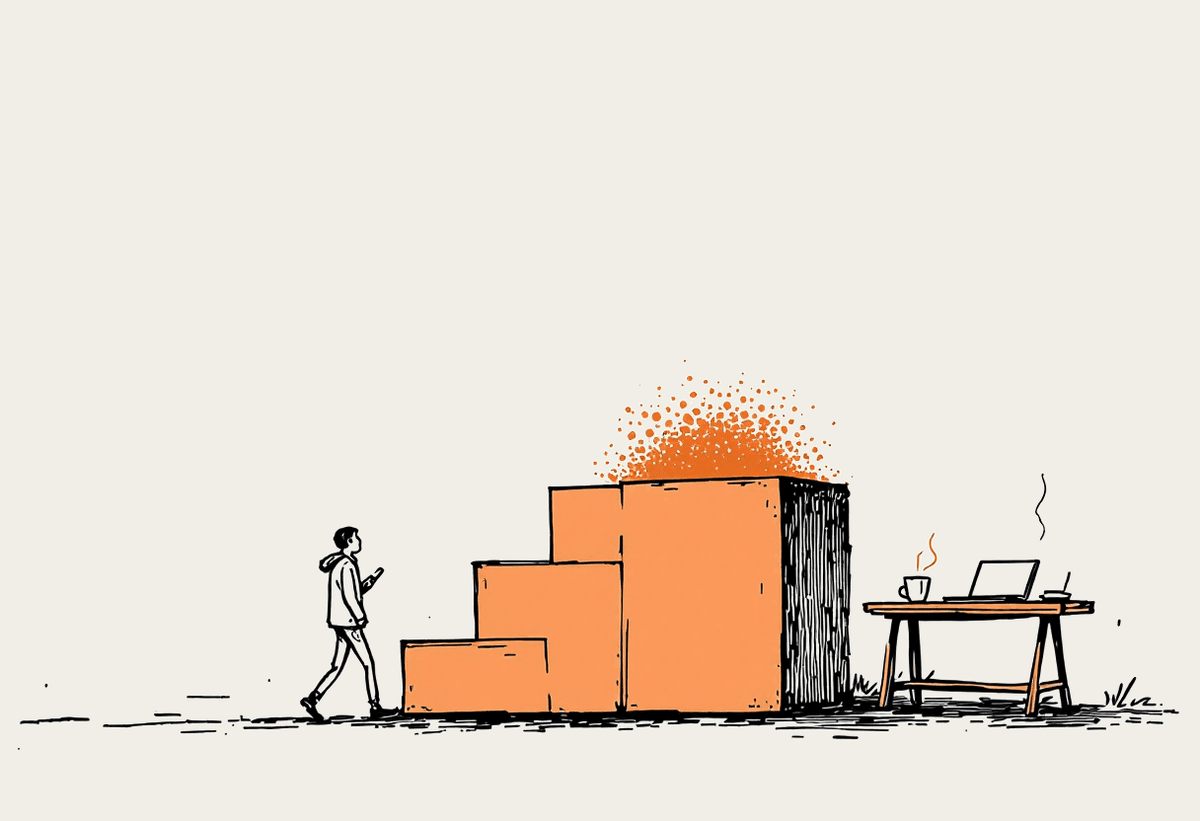 Hand-drawn illustration of a person walking past a winners podium toward a tidy workbench with a laptop