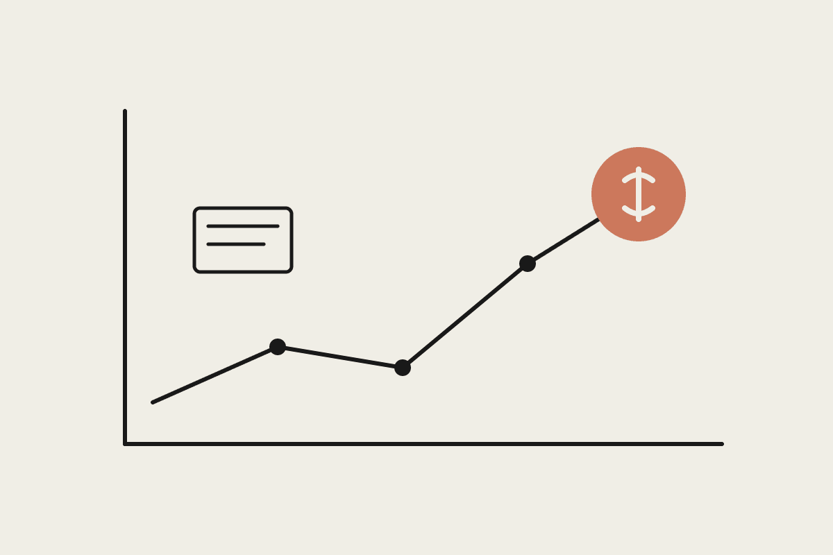 Line chart climbing toward a terracotta dollar coin, with a small filing cabinet below representing budget line items