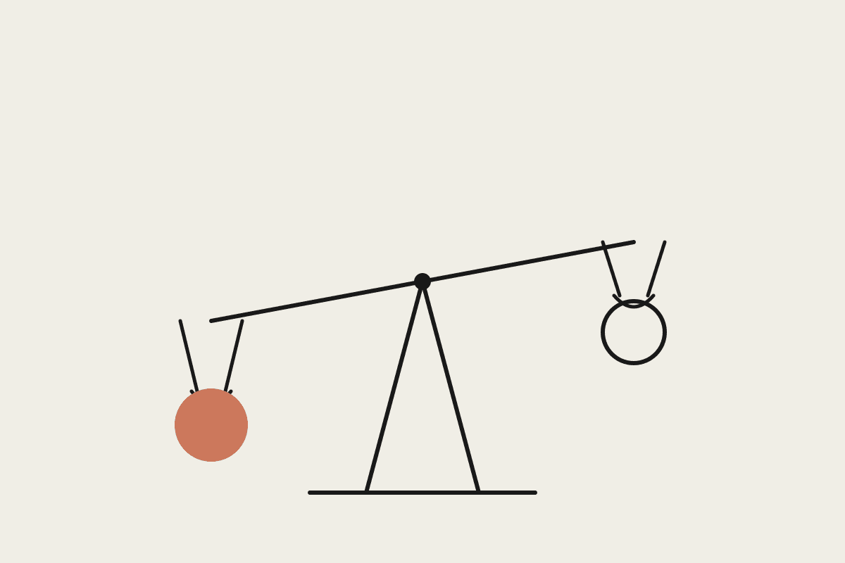 Line drawing of a balance scale with a terracotta-filled circle weighing down one side against an empty outlined circle on the other