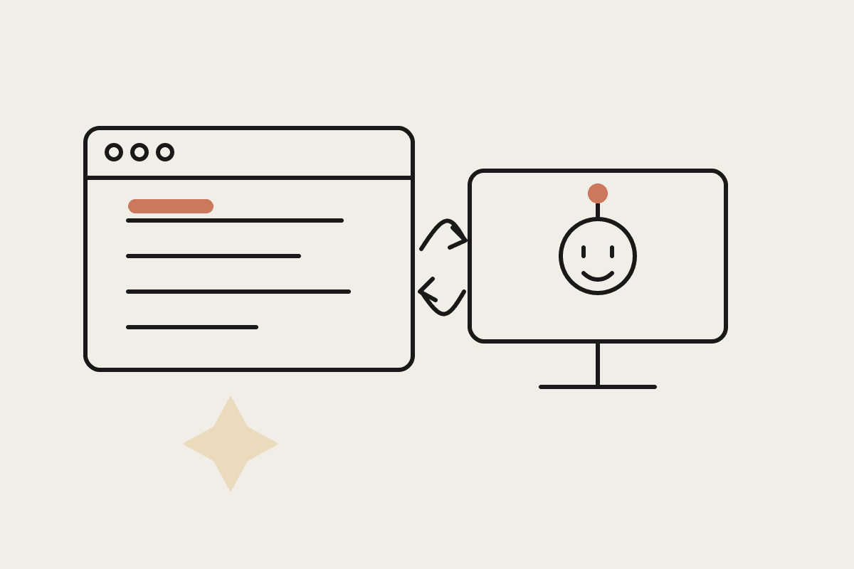 Line drawing of a browser window with tabs exchanging arrows with a friendly robot on a monitor, cream background, terracotta accents